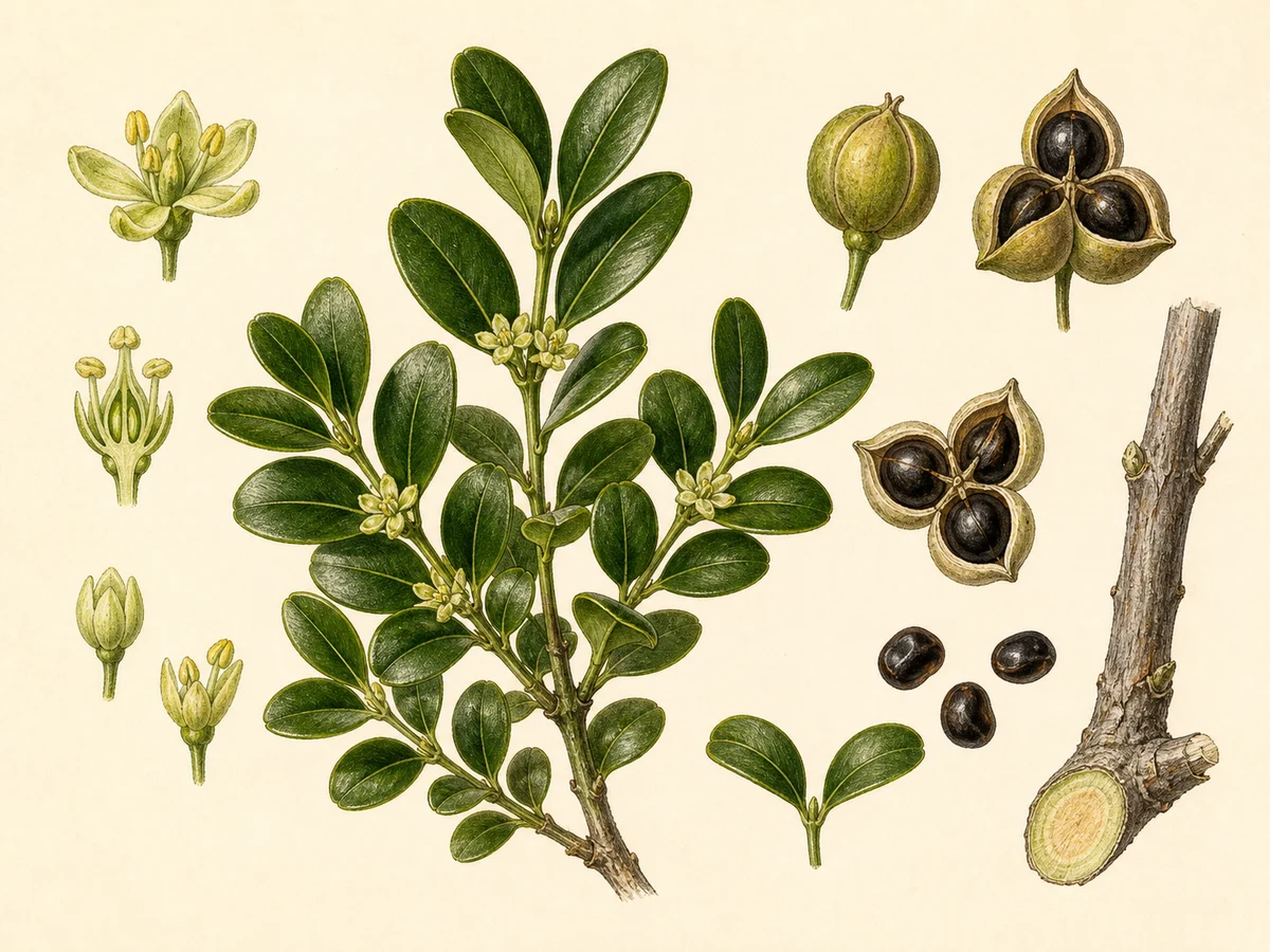 Prancha botânica complementar de Buxo-comum (Buxus sempervirens) com caracteres de identificação e ciclo de vida