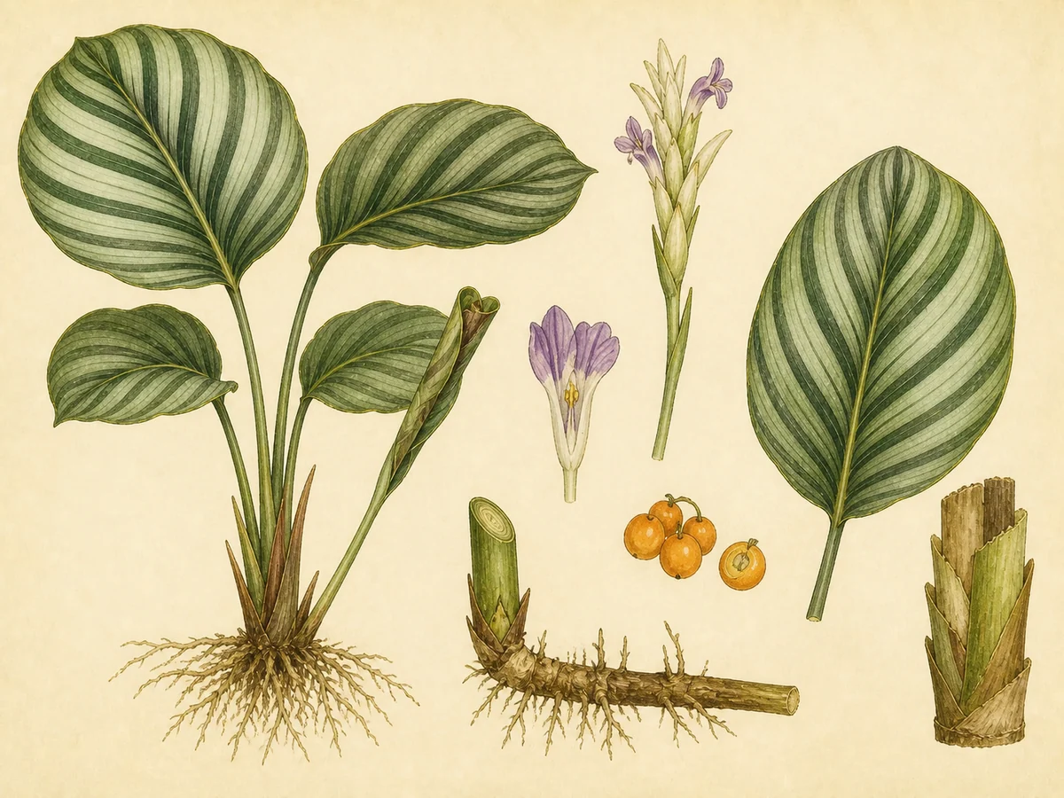 Prancha botânica complementar de Calateia-orbifólia (Goeppertia orbifolia) com caracteres de identificação e ciclo de vida