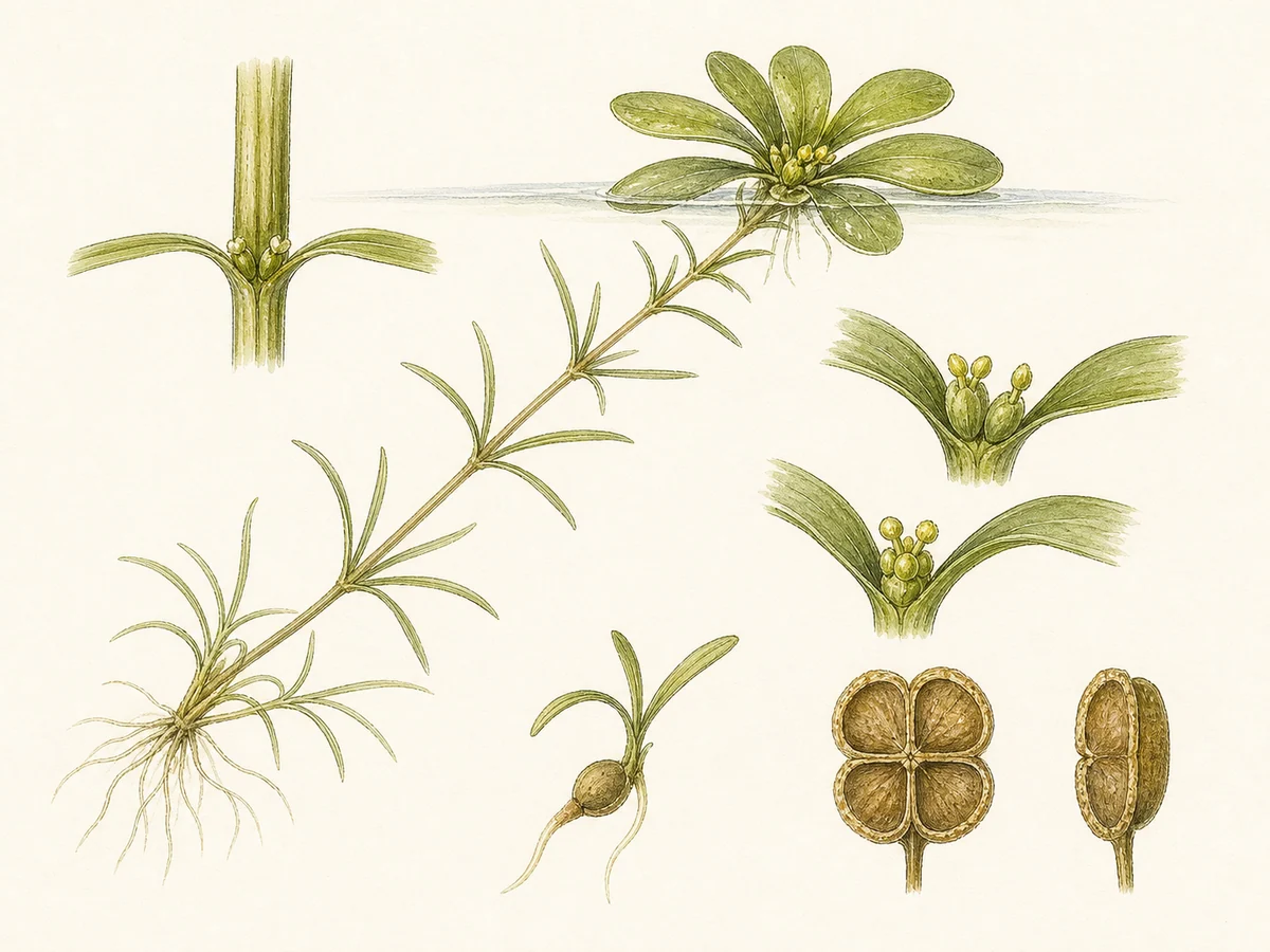 Prancha botânica complementar de Calítrique-de-água (Callitriche brutia) com caracteres de identificação e ciclo de vida