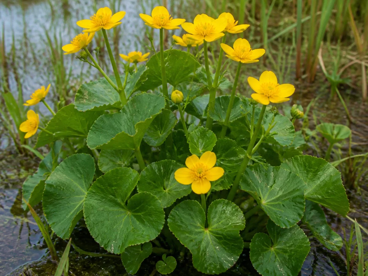 Prancha botânica complementar de Calta (Caltha palustris) com caracteres de identificação e ciclo de vida