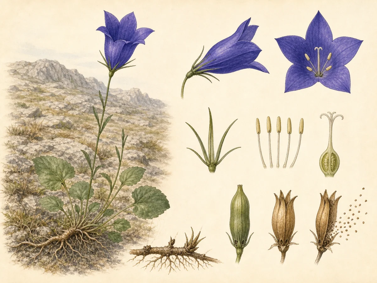 Prancha botânica complementar de Campainhas-da-Estrela (Campanula herminii) com caracteres de identificação e ciclo de vida