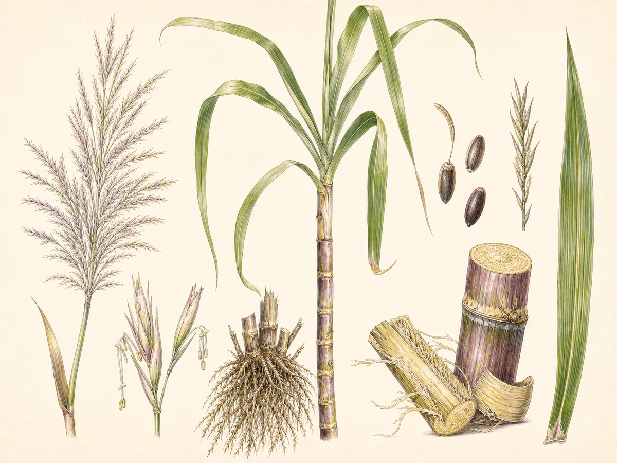 Prancha botânica complementar de Cana-de-açúcar (Saccharum officinarum) com caracteres de identificação e ciclo de vida