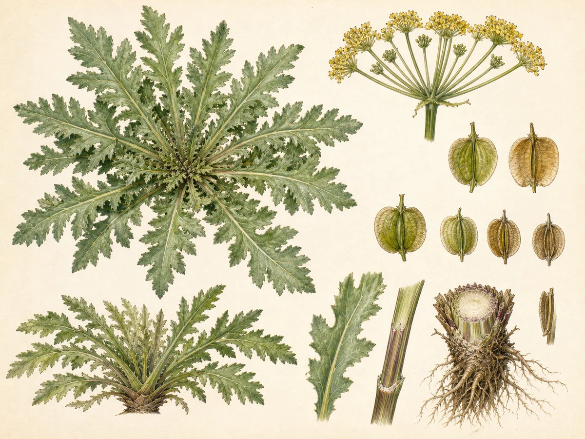 Prancha botânica complementar de Canavoura (Thapsia villosa) com caracteres de identificação e ciclo de vida