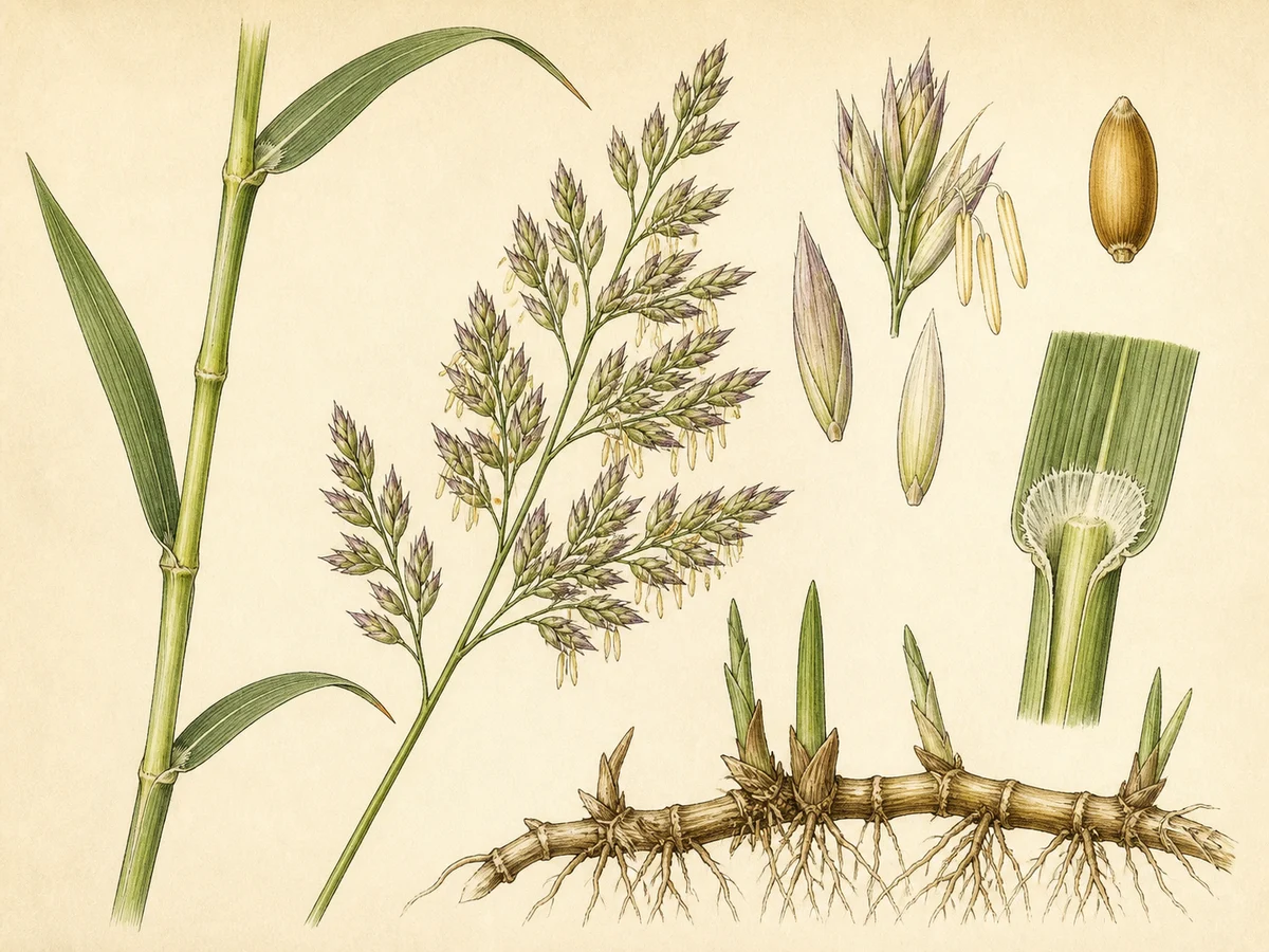 Prancha botânica complementar de Caniço-malhado (Phalaris arundinacea subsp. arundinacea) com caracteres de identificação e ciclo de vida