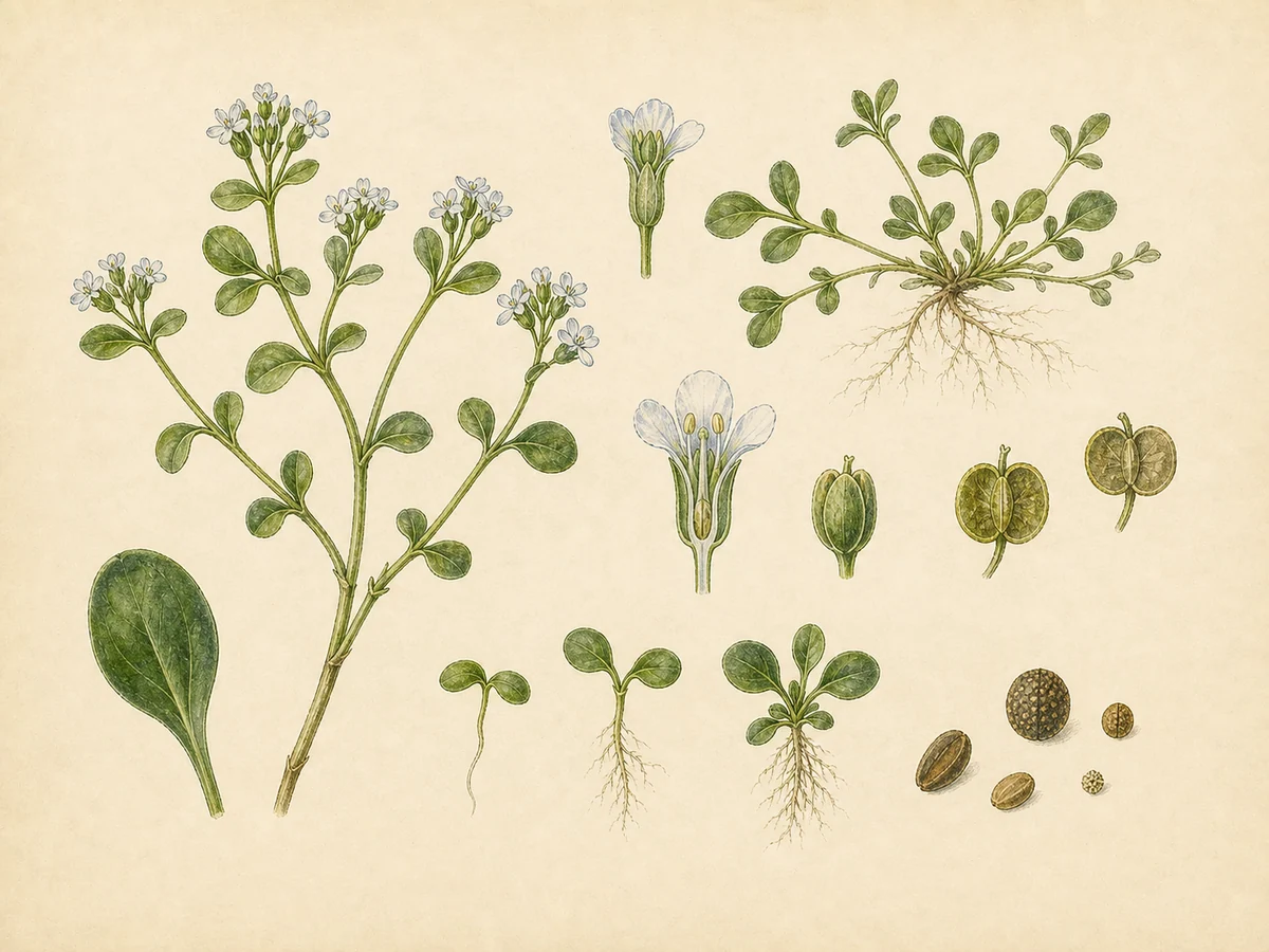 Prancha botânica complementar de Canónigos (Valerianella locusta) com caracteres de identificação e ciclo de vida