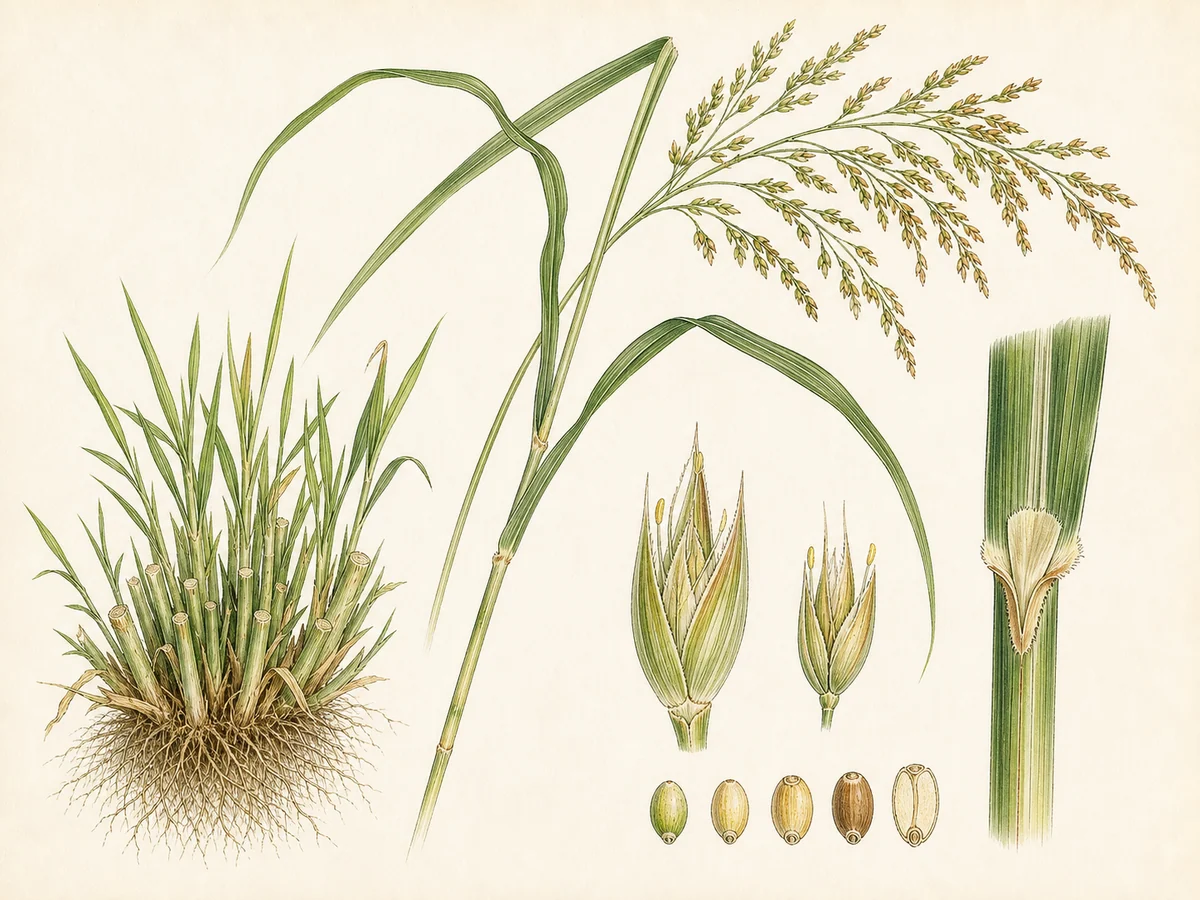 Prancha botânica complementar de Capim-do-Sudão (Sorghum × drummondii) com caracteres de identificação e ciclo de vida