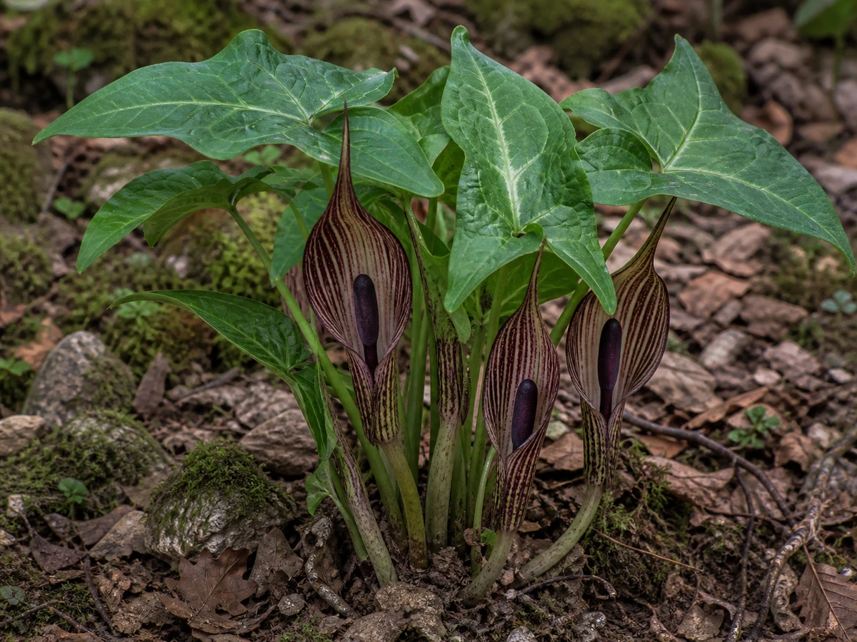 Prancha botânica complementar de Capuz-de-frade (Arisarum simorrhinum) com caracteres de identificação e ciclo de vida