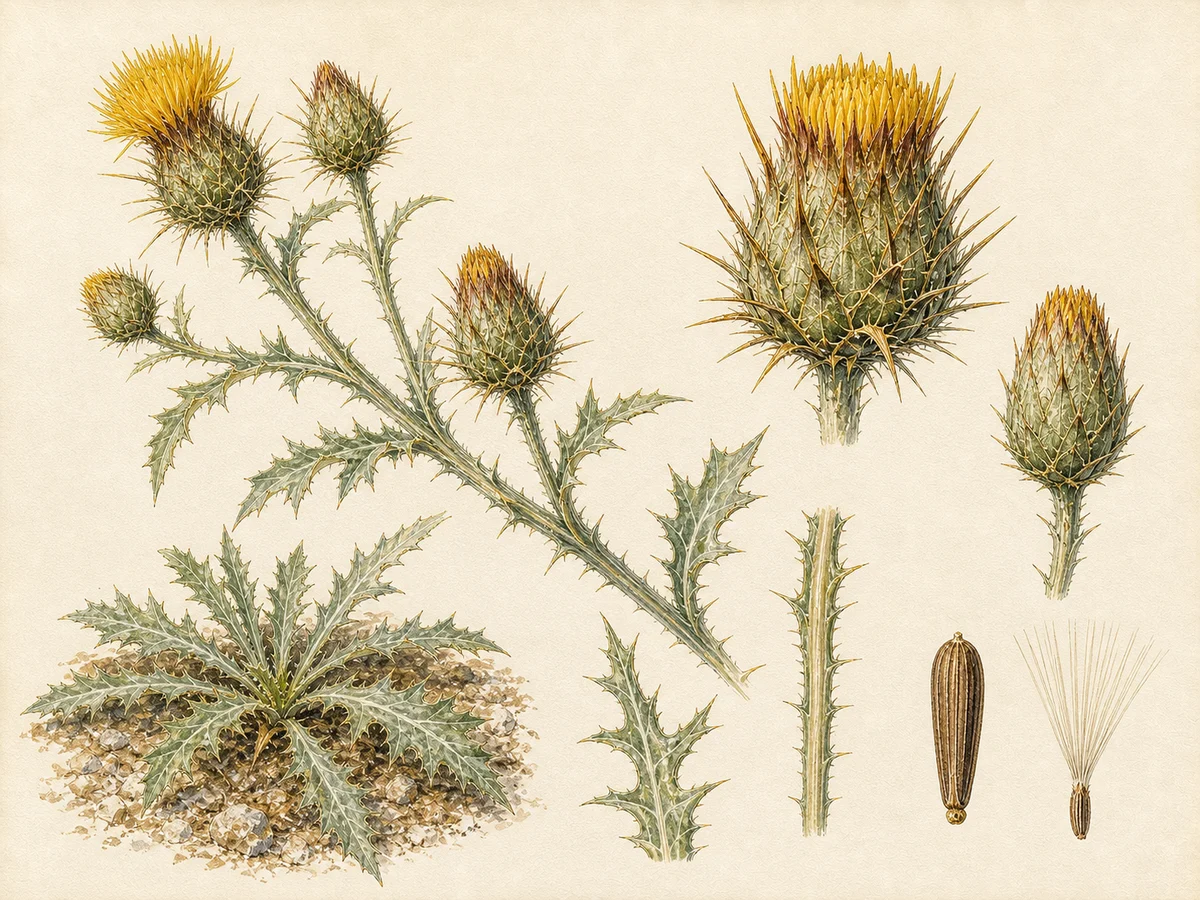Prancha botânica complementar de Cardazol (Centaurea ornata) com caracteres de identificação e ciclo de vida