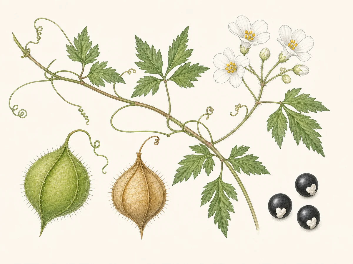 Prancha botânica complementar de Cardiospermum grandiflorum — não plantar (Cardiospermum grandiflorum) com caracteres de identificação e ciclo de vida
