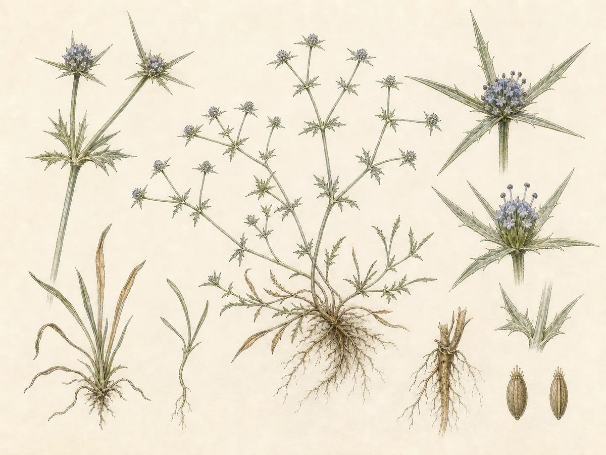 Prancha botânica complementar de Cardo-azul-dos-charcos (Eryngium galioides) com caracteres de identificação e ciclo de vida