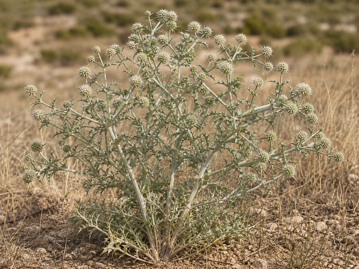 Prancha botânica complementar de Cardo-corredor (Eryngium campestre) com caracteres de identificação e ciclo de vida