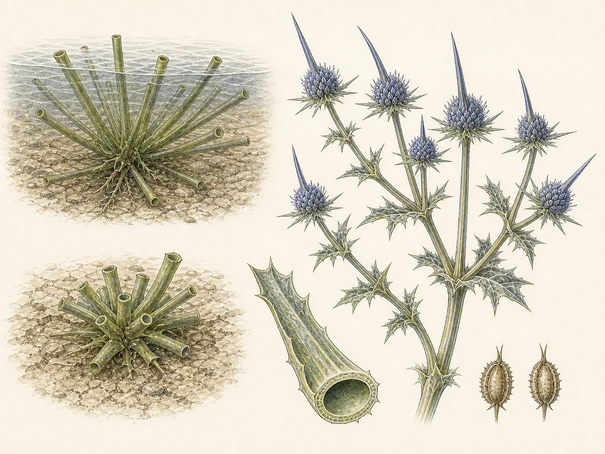 Prancha botânica complementar de Cardo-das-lagoas (Eryngium corniculatum) com caracteres de identificação e ciclo de vida