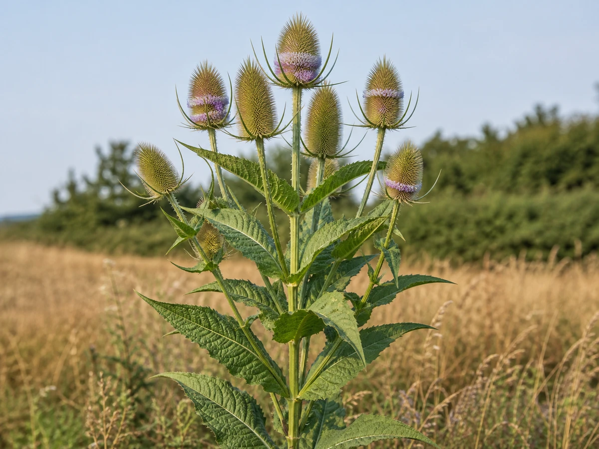 Prancha botânica complementar de Cardo-penteador (Dipsacus sativus) com caracteres de identificação e ciclo de vida