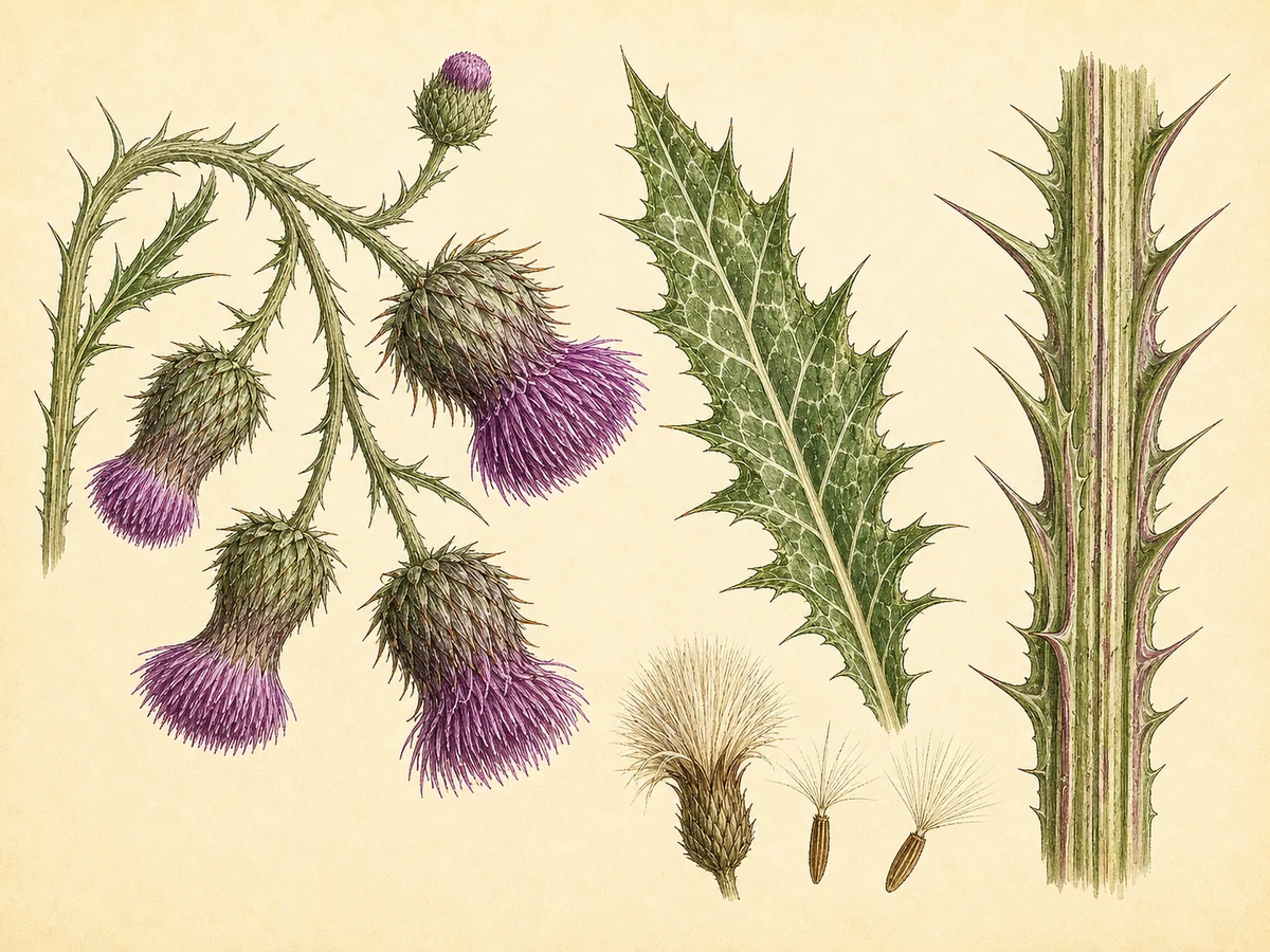 Prancha botânica complementar de Cardo-roxo (Cirsium vulgare) com caracteres de identificação e ciclo de vida