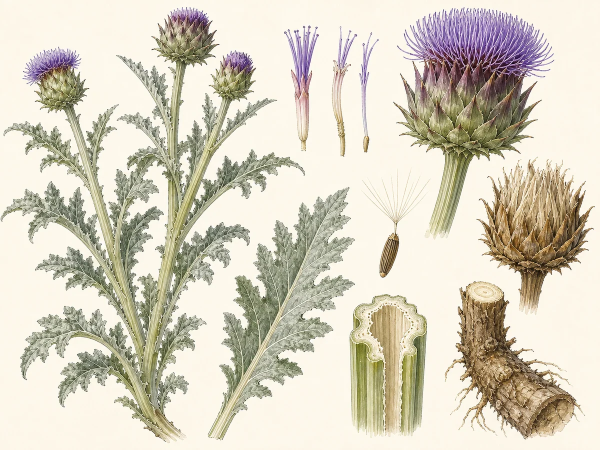 Prancha botânica complementar de Cardo-hortense (Cynara cardunculus var. altilis) com caracteres de identificação e ciclo de vida
