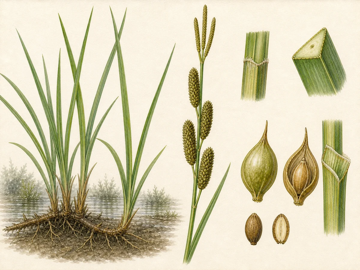 Prancha botânica complementar de Cárice-ribeirinha (Carex riparia) com caracteres de identificação e ciclo de vida