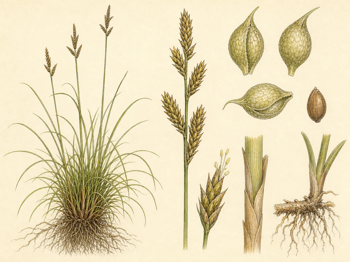 Prancha botânica complementar de Cárice-vulcânica (Carex vulcani) com caracteres de identificação e ciclo de vida