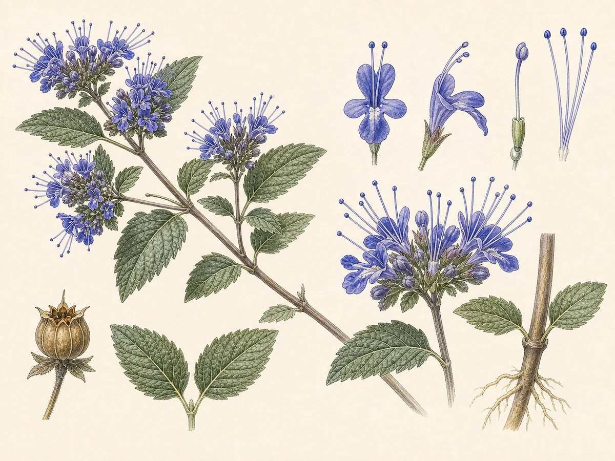 Prancha botânica complementar de Cariópteris-azul (Caryopteris × clandonensis) com caracteres de identificação e ciclo de vida