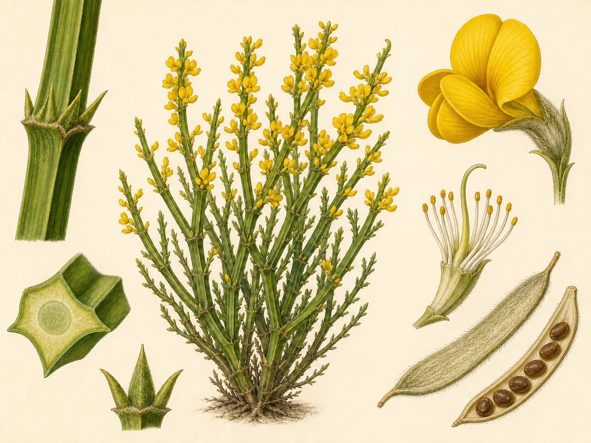 Prancha botânica complementar de Carqueja (Genista tridentata) com caracteres de identificação e ciclo de vida