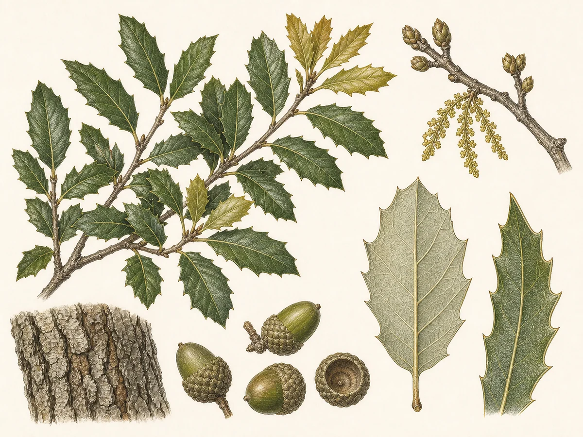 Prancha botânica complementar de Carrasco-arbóreo-costeiro (Quercus pseudococcifera subsp. rivasmartinezii) com caracteres de identificação e ciclo de vida