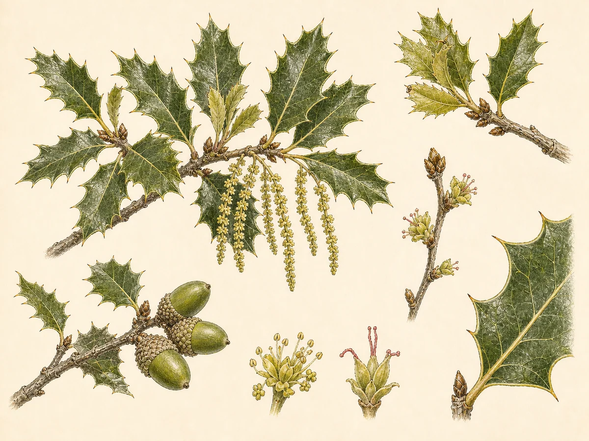 Prancha botânica complementar de Carrasco (Quercus coccifera subsp. coccifera) com caracteres de identificação e ciclo de vida