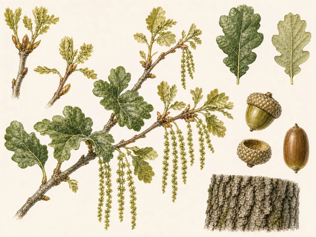 Prancha botânica complementar de Carvalho-de-Monchique (Quercus canariensis) com caracteres de identificação e ciclo de vida