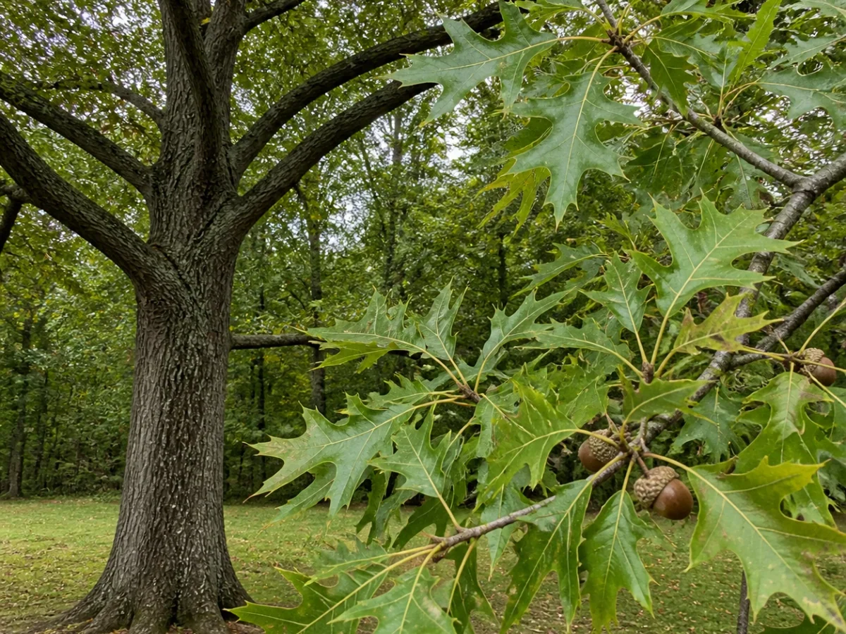 Prancha botânica complementar de Carvalho-de-Shumard (Quercus shumardii) com caracteres de identificação e ciclo de vida