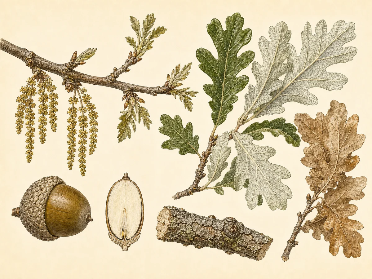 Prancha botânica complementar de Carvalho-negral (Quercus pyrenaica) com caracteres de identificação e ciclo de vida