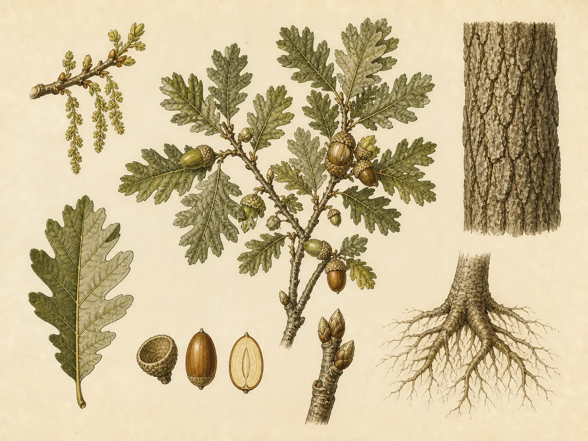 Prancha botânica complementar de Carvalho-português (Quercus faginea) com caracteres de identificação e ciclo de vida