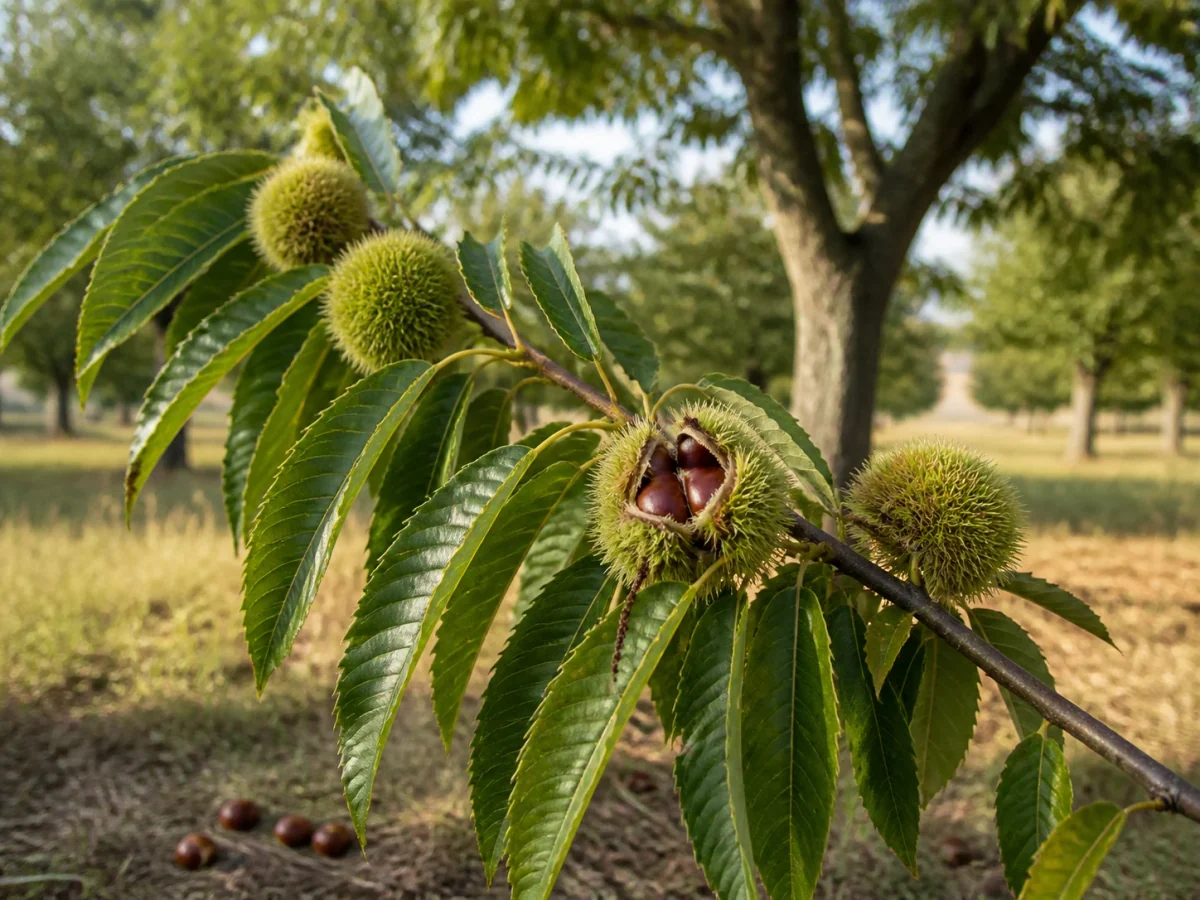 Prancha botânica complementar de Castanheiro ‘Amarelal’ (Castanea sativa Mill. ‘Amarelal’) com caracteres de identificação e ciclo de vida