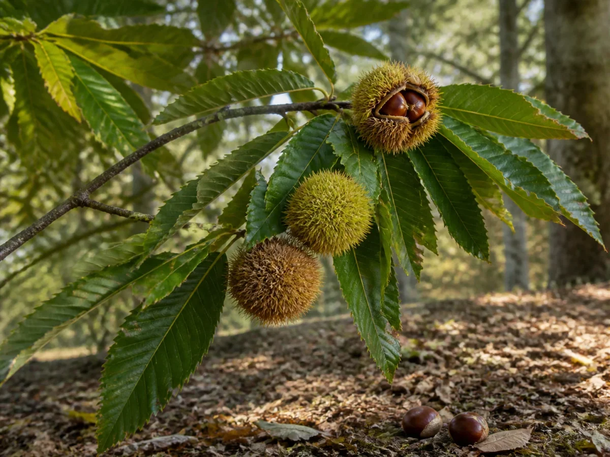 Prancha botânica complementar de Castanheiro ‘Aveleira’ (Castanea sativa Mill. ‘Aveleira’) com caracteres de identificação e ciclo de vida