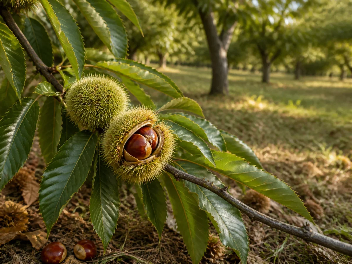 Prancha botânica complementar de Castanheiro ‘Bária’ (Castanea sativa Mill. ‘Bária’) com caracteres de identificação e ciclo de vida
