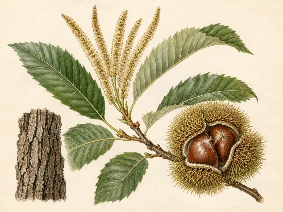 Prancha botânica complementar de Castanheiro ‘Benfeita’ (Castanea sativa Mill. ‘Benfeita’) com caracteres de identificação e ciclo de vida