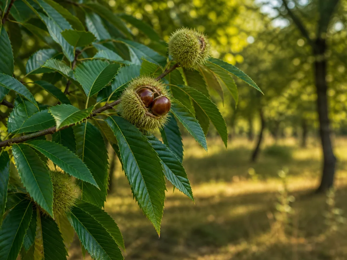 Prancha botânica complementar de Castanheiro ‘Boaventura’ (Castanea sativa Mill. ‘Boaventura’) com caracteres de identificação e ciclo de vida