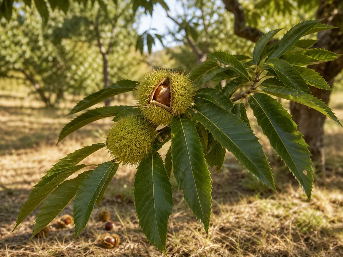 Prancha botânica complementar de Castanheiro ‘Colarinha’ (Castanea sativa Mill. ‘Colarinha’) com caracteres de identificação e ciclo de vida