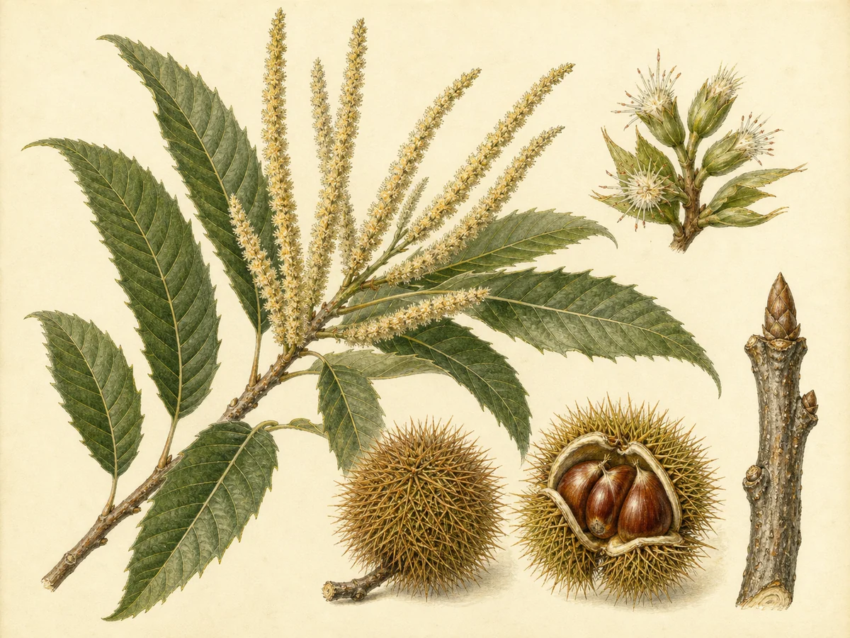 Prancha botânica complementar de Castanheiro ‘ColUTAD’ (Castanea sativa Mill. ‘ColUTAD’) com caracteres de identificação e ciclo de vida