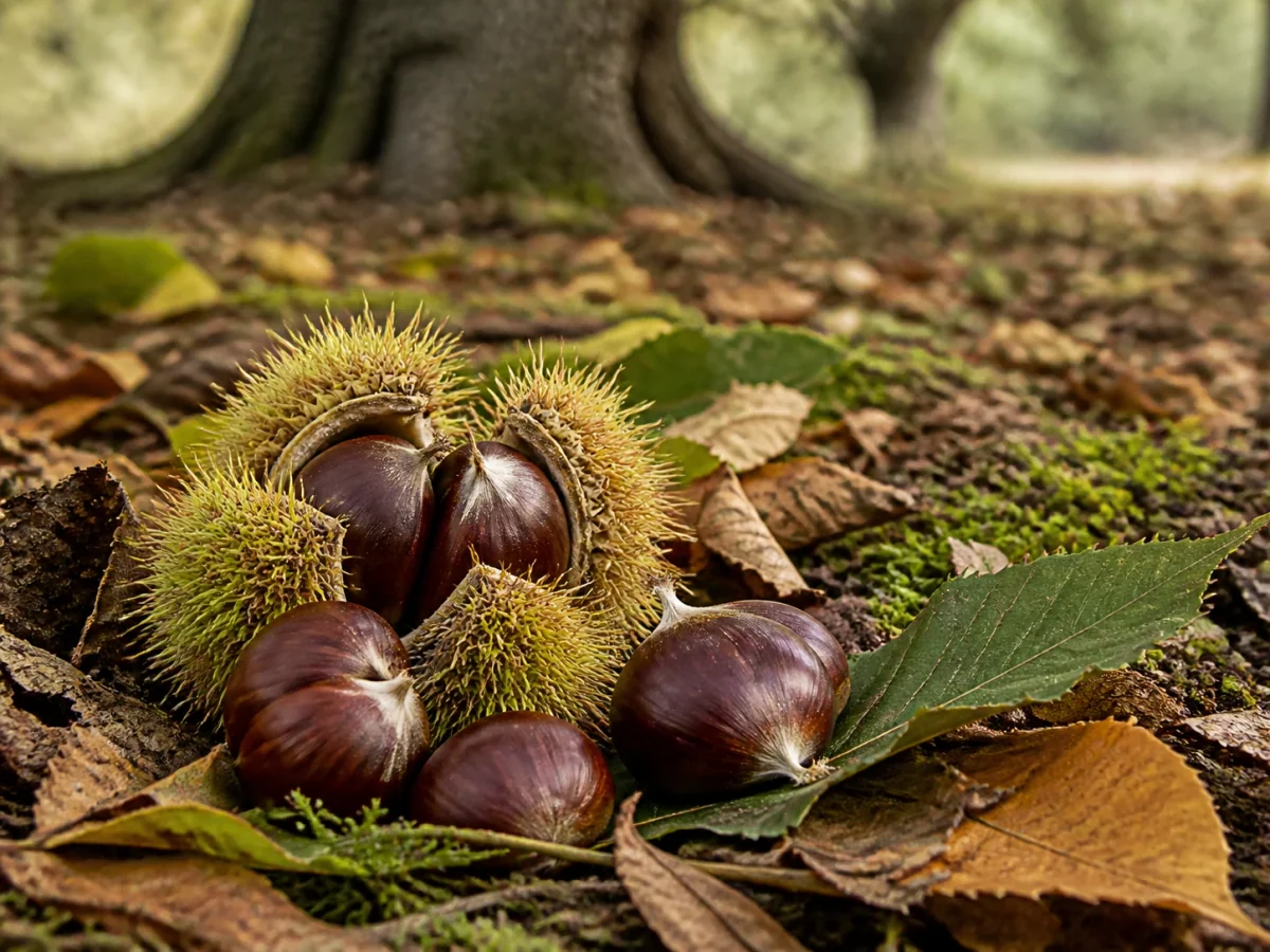 Prancha botânica complementar de Castanheiro ‘Côta’ (Castanea sativa Mill. ‘Côta’) com caracteres de identificação e ciclo de vida