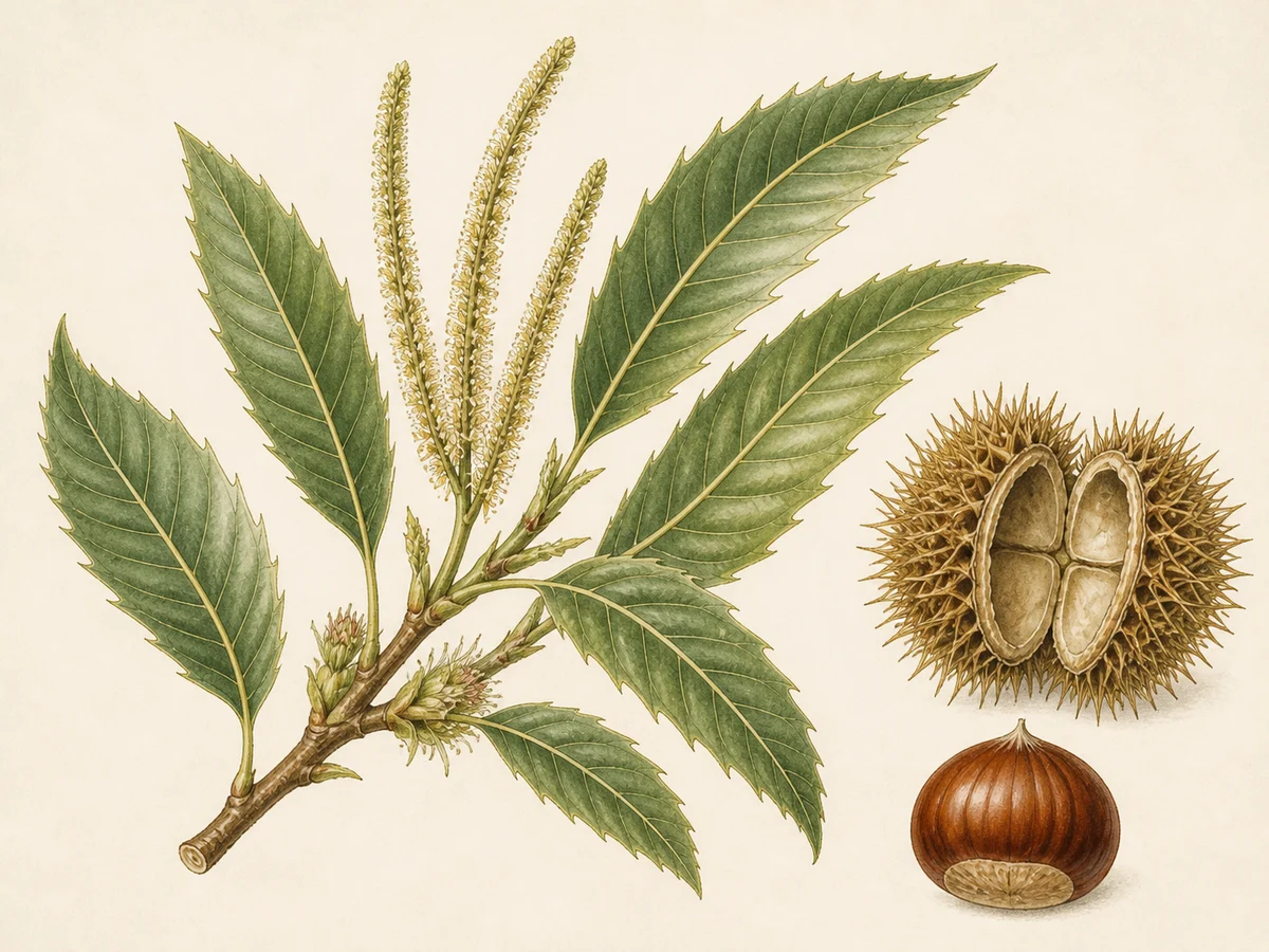 Prancha botânica complementar de Castanheiro ‘Demanda’ (Castanea sativa Mill. ‘Demanda’) com caracteres de identificação e ciclo de vida