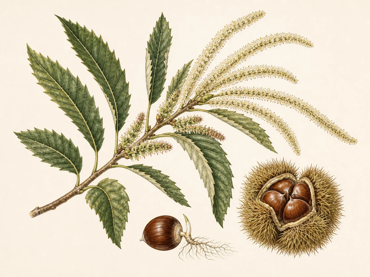 Prancha botânica complementar de Castanheiro ‘Do Tarde’ (Castanea sativa Mill. ‘Do Tarde’) com caracteres de identificação e ciclo de vida