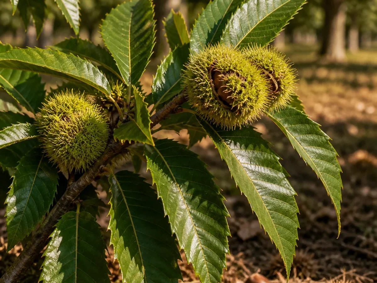 Prancha botânica complementar de Castanheiro ‘Formosa’ (Castanea sativa Mill. ‘Formosa’) com caracteres de identificação e ciclo de vida
