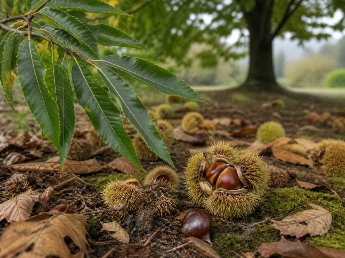 Prancha botânica complementar de Castanheiro ‘Judia’ (Castanea sativa Mill. ‘Judia’) com caracteres de identificação e ciclo de vida