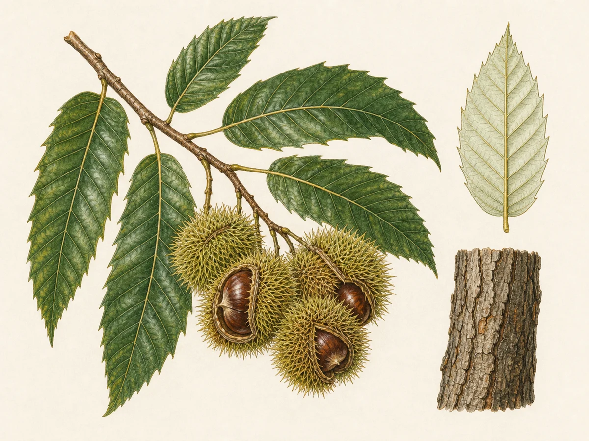 Prancha botânica complementar de Castanheiro ‘Lada’ (Castanea sativa Mill. ‘Lada’) com caracteres de identificação e ciclo de vida