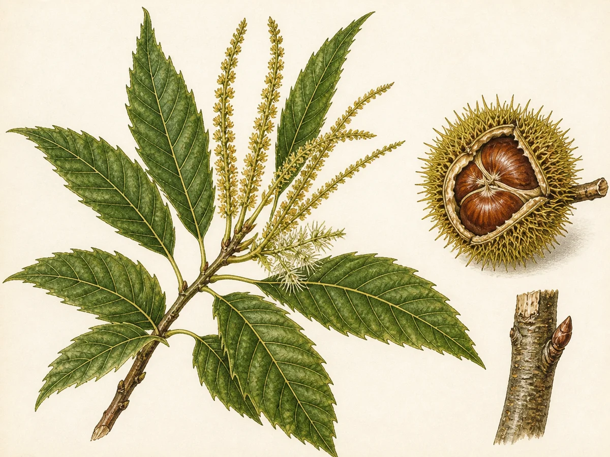 Prancha botânica complementar de Castanheiro ‘Lamela’ (Castanea sativa Mill. ‘Lamela’) com caracteres de identificação e ciclo de vida