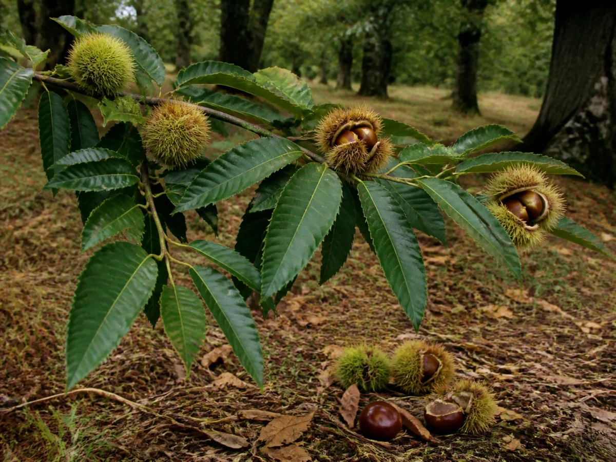 Prancha botânica complementar de Castanheiro ‘Longal’ (Castanea sativa Mill. ‘Longal’) com caracteres de identificação e ciclo de vida