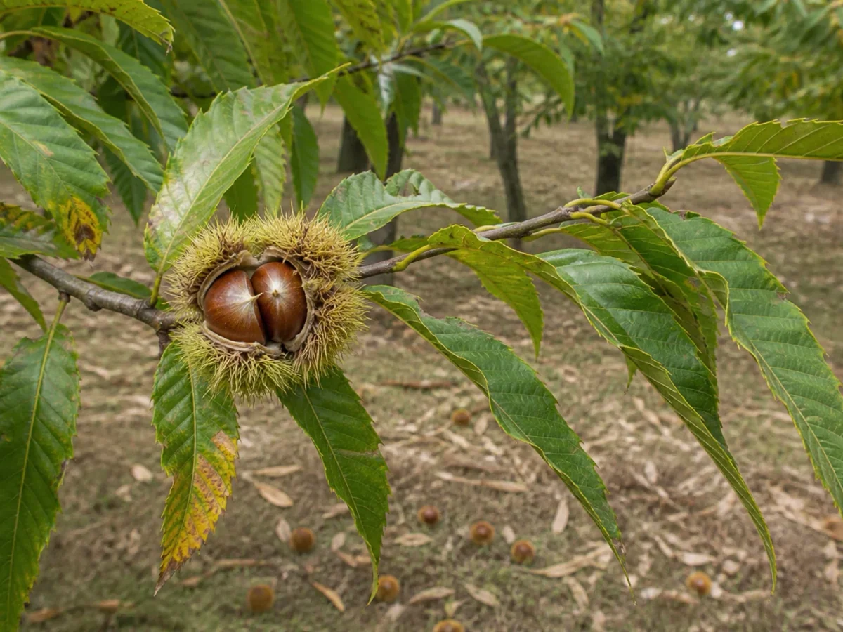 Prancha botânica complementar de Castanheiro ‘Martaínha’ (Castanea sativa Mill. ‘Martaínha’) com caracteres de identificação e ciclo de vida