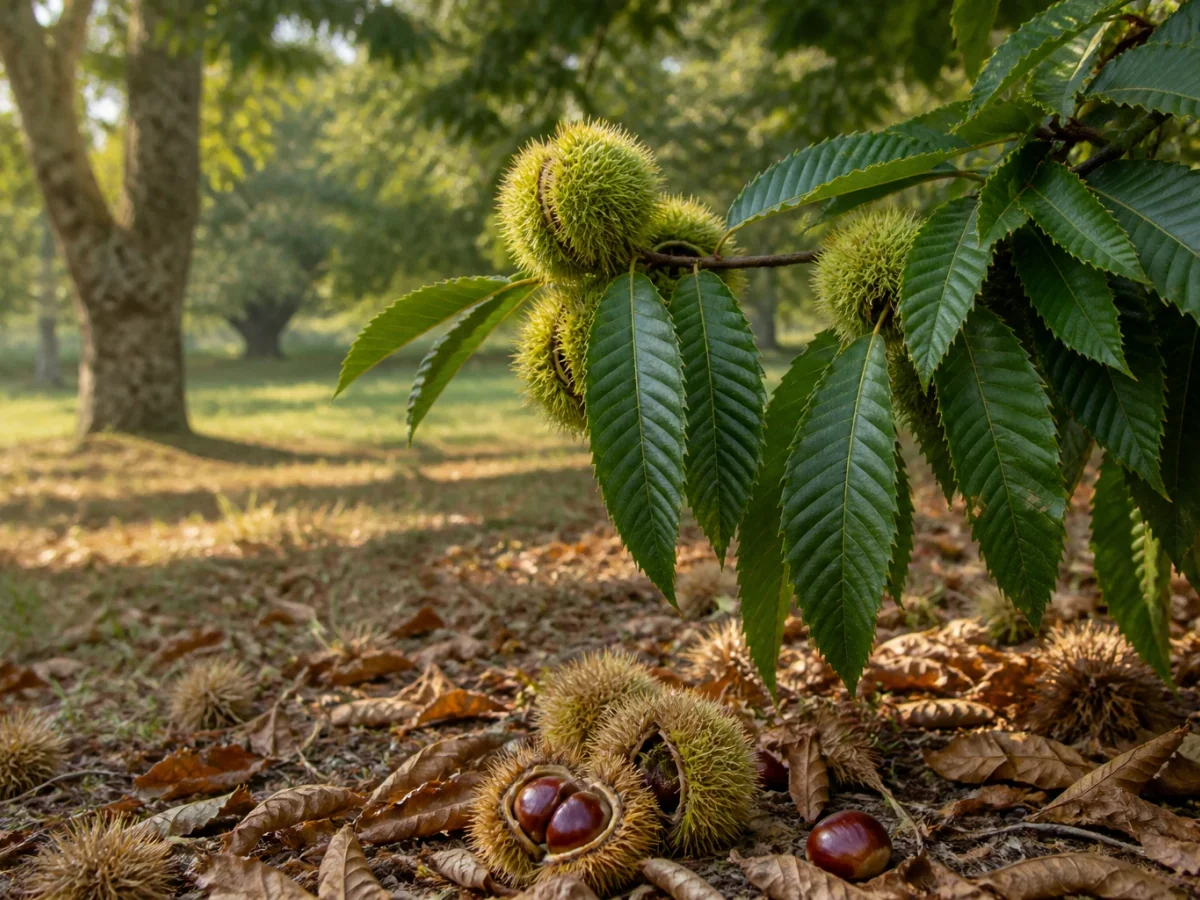 Prancha botânica complementar de Castanheiro ‘Misericórdia’ (Castanea sativa Mill. ‘Misericórdia’) com caracteres de identificação e ciclo de vida
