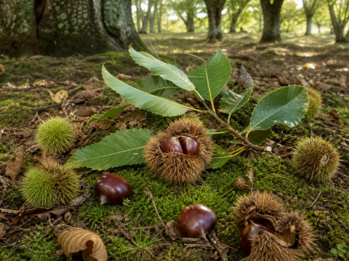 Prancha botânica complementar de Castanheiro ‘Moreira’ (Castanea sativa Mill. ‘Moreira’) com caracteres de identificação e ciclo de vida
