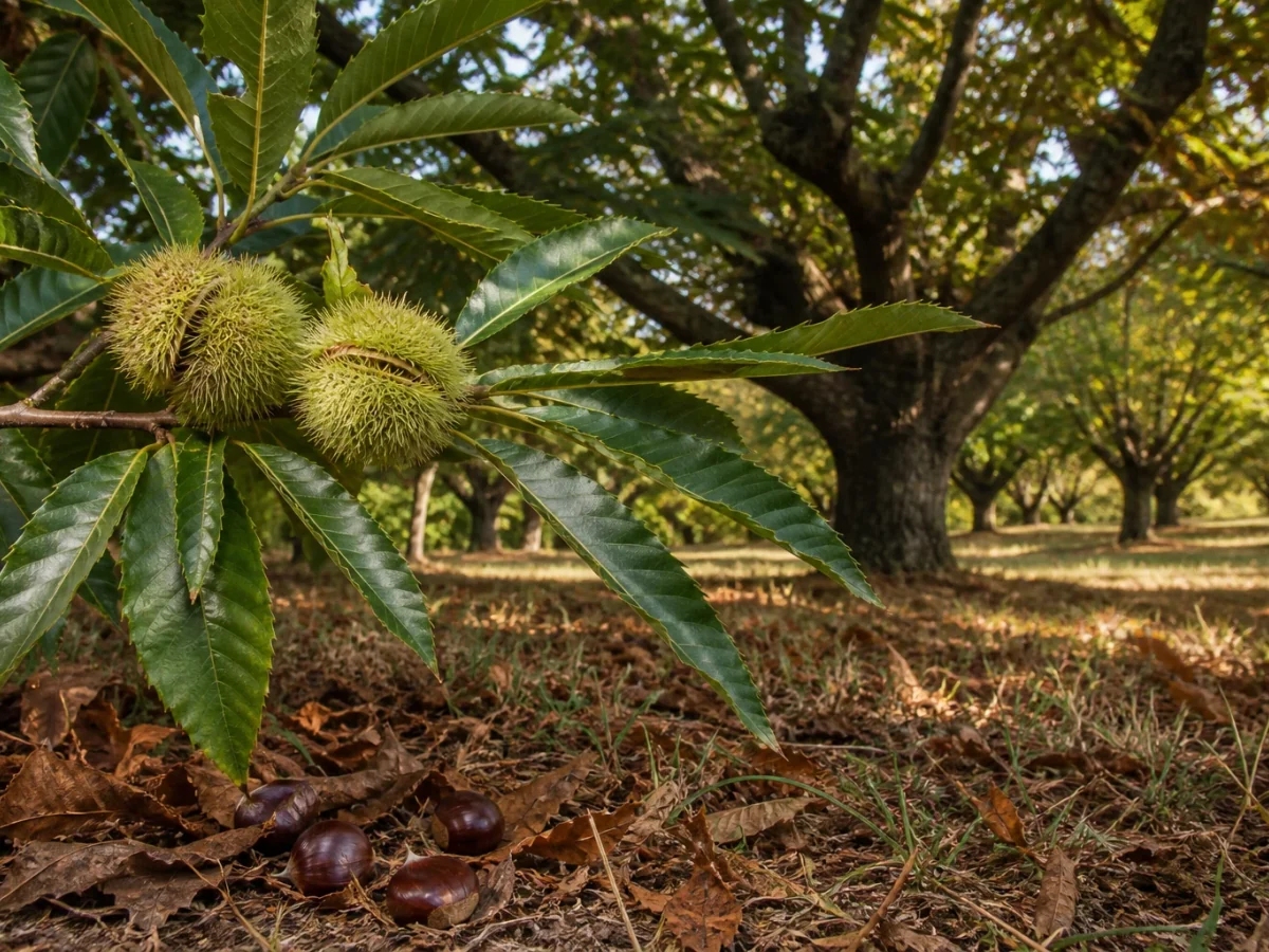 Prancha botânica complementar de Castanheiro ‘Negral’ (Castanea sativa Mill. ‘Negral’) com caracteres de identificação e ciclo de vida