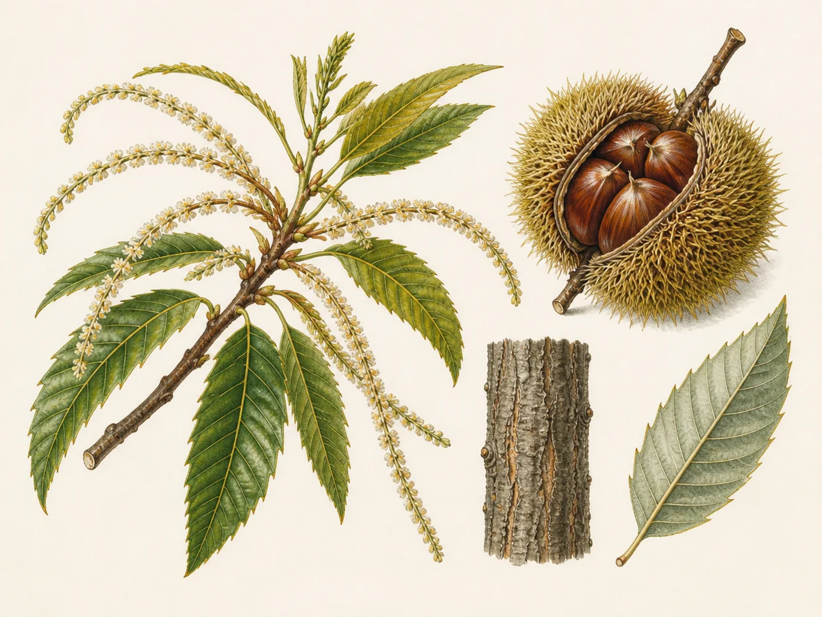 Prancha botânica complementar de Castanheiro ‘Negrinha’ (Castanea sativa Mill. ‘Negrinha’) com caracteres de identificação e ciclo de vida