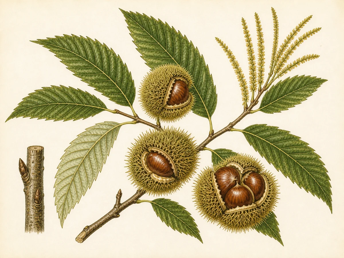 Prancha botânica complementar de Castanheiro ‘Passã’ (Castanea sativa Mill. ‘Passã’) com caracteres de identificação e ciclo de vida